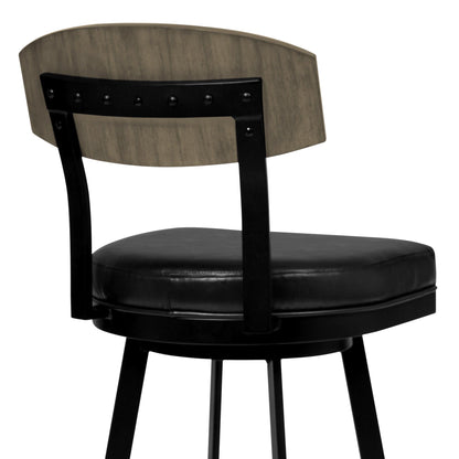 26" Black Faux Leather Black Metal and Gray Walnut Open Back Swivel Bar Stool