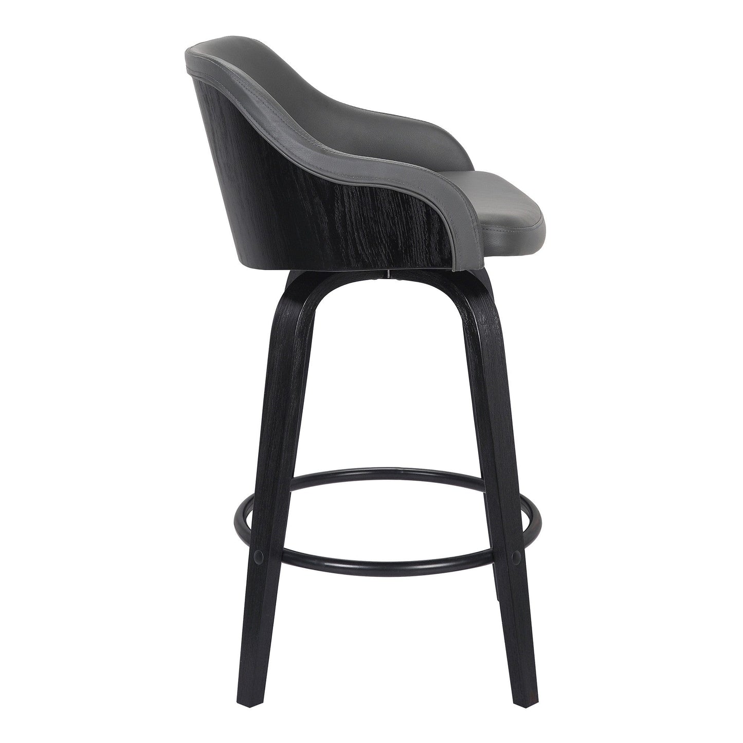 26" Gray Swivel Faux Leather Black Wooden Bar Stool