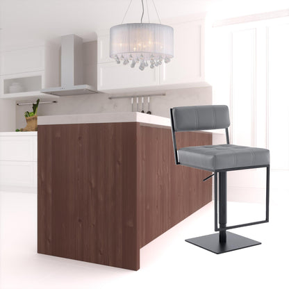 44" Gray Faux Leather And Iron Swivel Adjustable Height Bar Chair