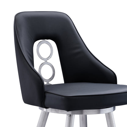 39" Black Faux Leather And Iron Swivel Counter Height Bar Chair