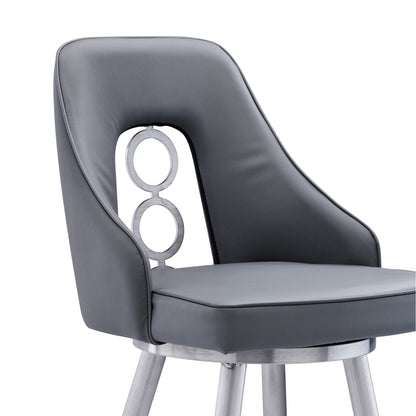39" Gray Faux Leather And Iron Swivel Counter Height Bar Chair