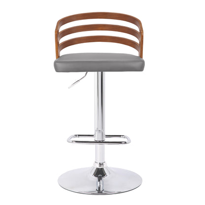Gray Faux Leather Walnut Wood and Chrome Adjustable Swivel Bar Stool