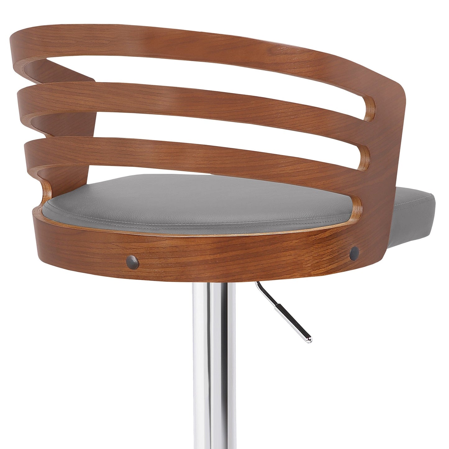 Gray Faux Leather Walnut Wood and Chrome Adjustable Swivel Bar Stool