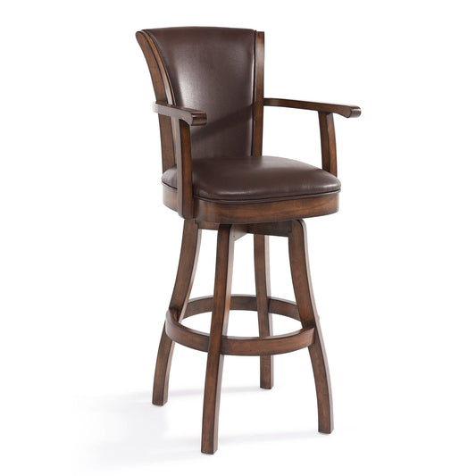45" Warm Brown Faux Leather And Solid Wood Swivel Bar Height Chair