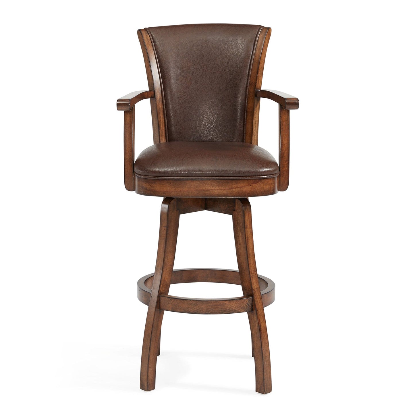 45" Warm Brown Faux Leather And Solid Wood Swivel Bar Height Chair