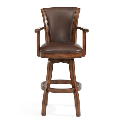 45" Warm Brown Faux Leather And Solid Wood Swivel Bar Height Chair