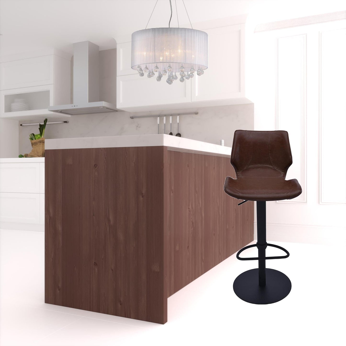 43" Vintage Coffee Faux Leather And Iron Swivel Adjustable Height Bar Chair