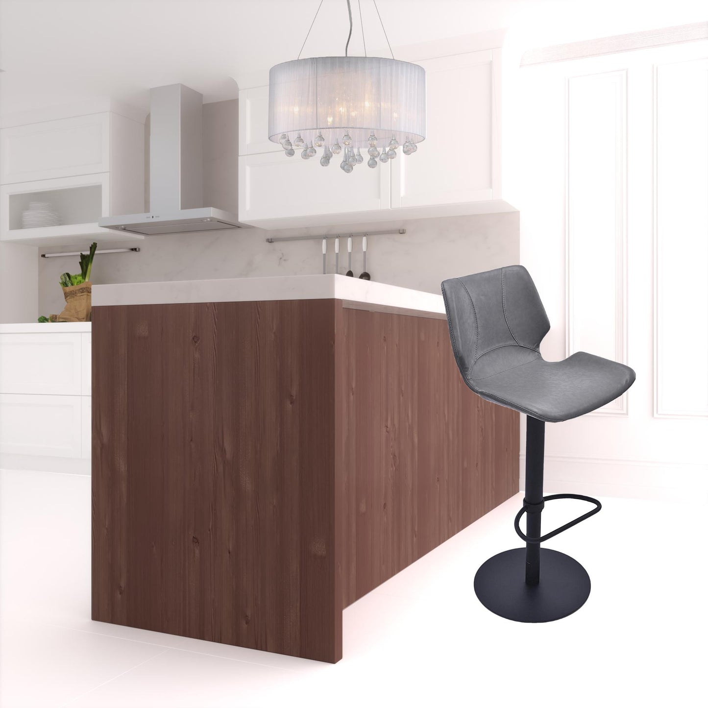 43" Vintage Gray Faux Leather And Iron Swivel Adjustable Height Bar Chair