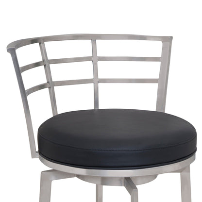 39" Black Faux Leather And Iron Swivel Low Back Bar Height Chair