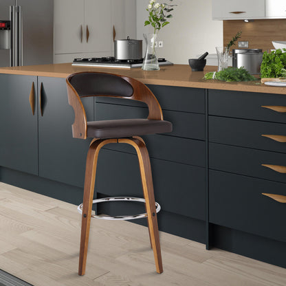 Brown Faux Leather Modern Walnut Wooden Bar Stool