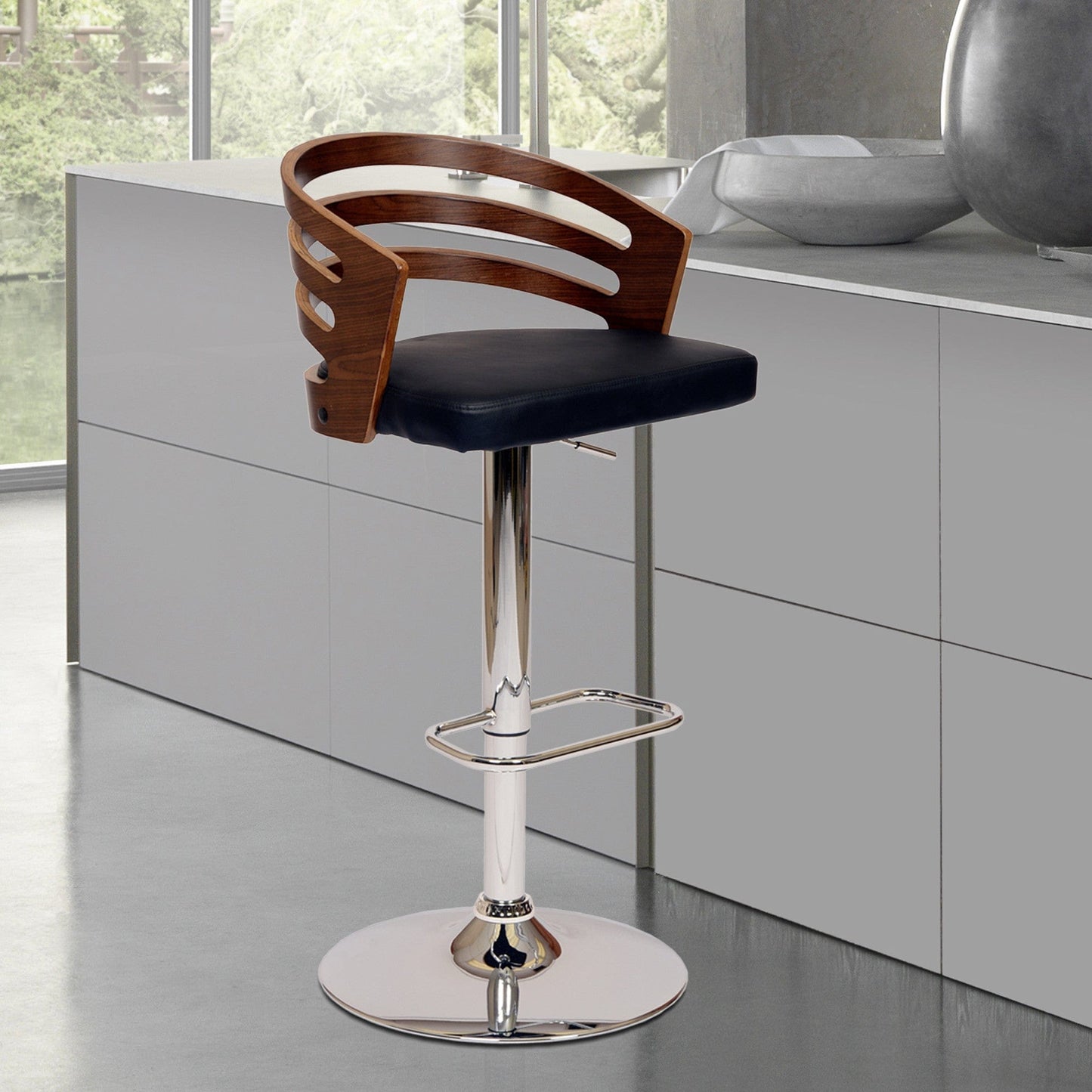 Black Faux Leather Walnut and Chrome Adjustable Swivel Bar Stool