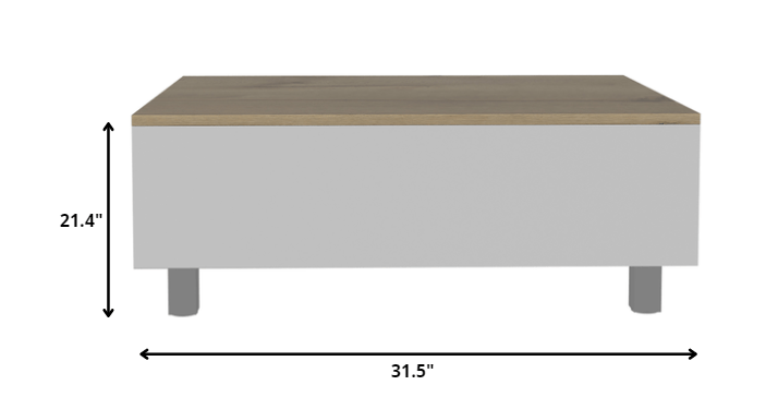 32" White And Light Oak Manufactured Wood Rectangular Lift Top Coffee Table With Drawer And Shelf