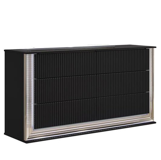 61" Black Solid Wood Mirrored Six Drawer Double Dresser with LED