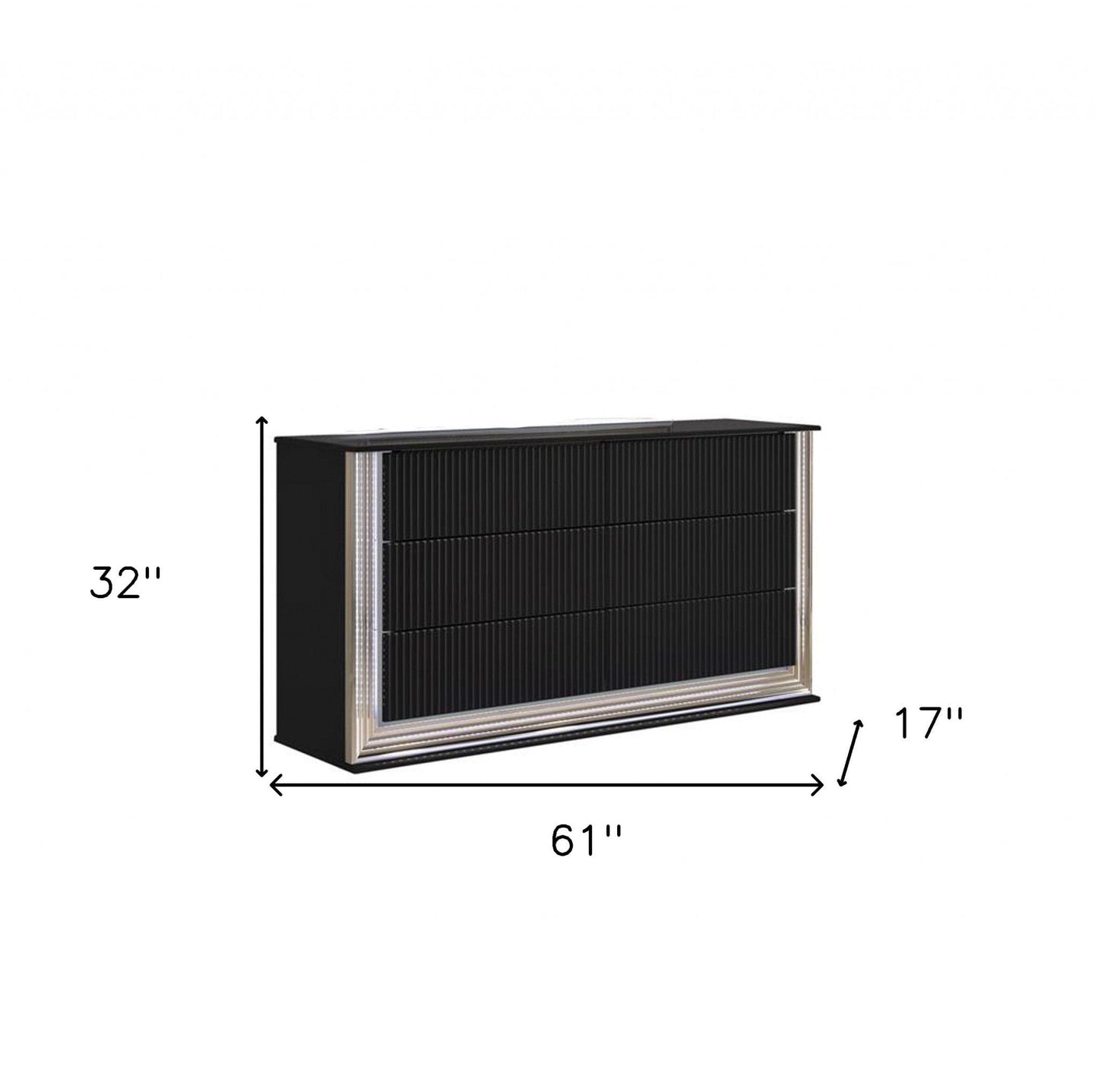 61" Black Solid Wood Mirrored Six Drawer Double Dresser with LED