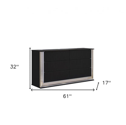 61" Black Solid Wood Mirrored Six Drawer Double Dresser with LED