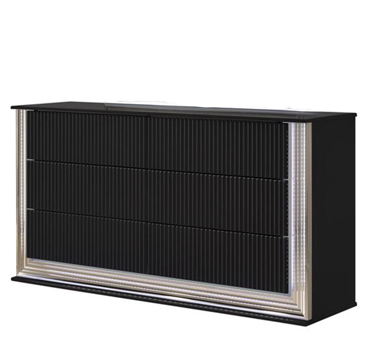 61" Black Solid Wood Mirrored Six Drawer Double Dresser with LED