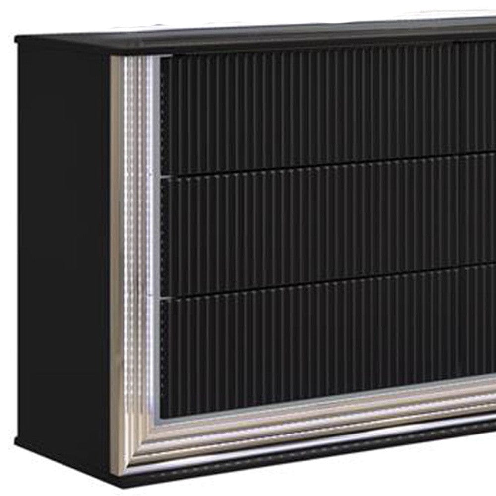 61" Black Solid Wood Mirrored Six Drawer Double Dresser with LED