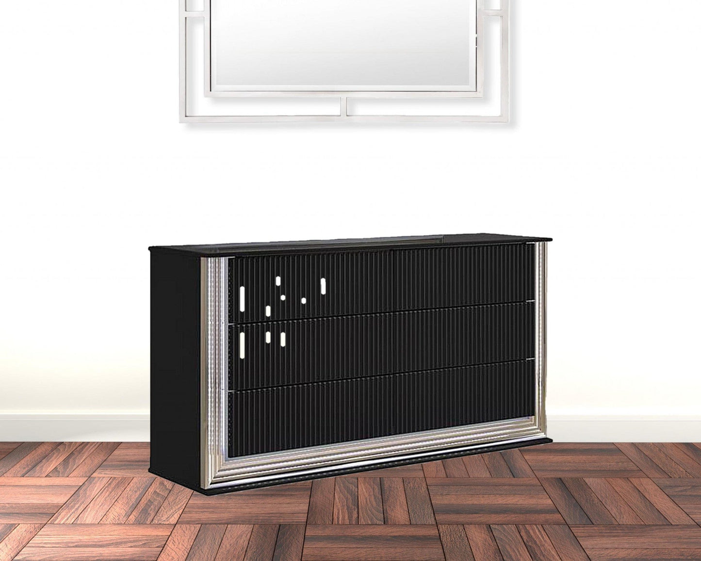 61" Black Solid Wood Mirrored Six Drawer Double Dresser with LED