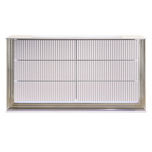 61" White Solid Wood Mirrored Six Drawer Double Dresser with LED