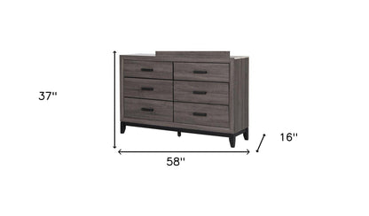 58" Grey Solid Wood Six Drawer Double Dresser