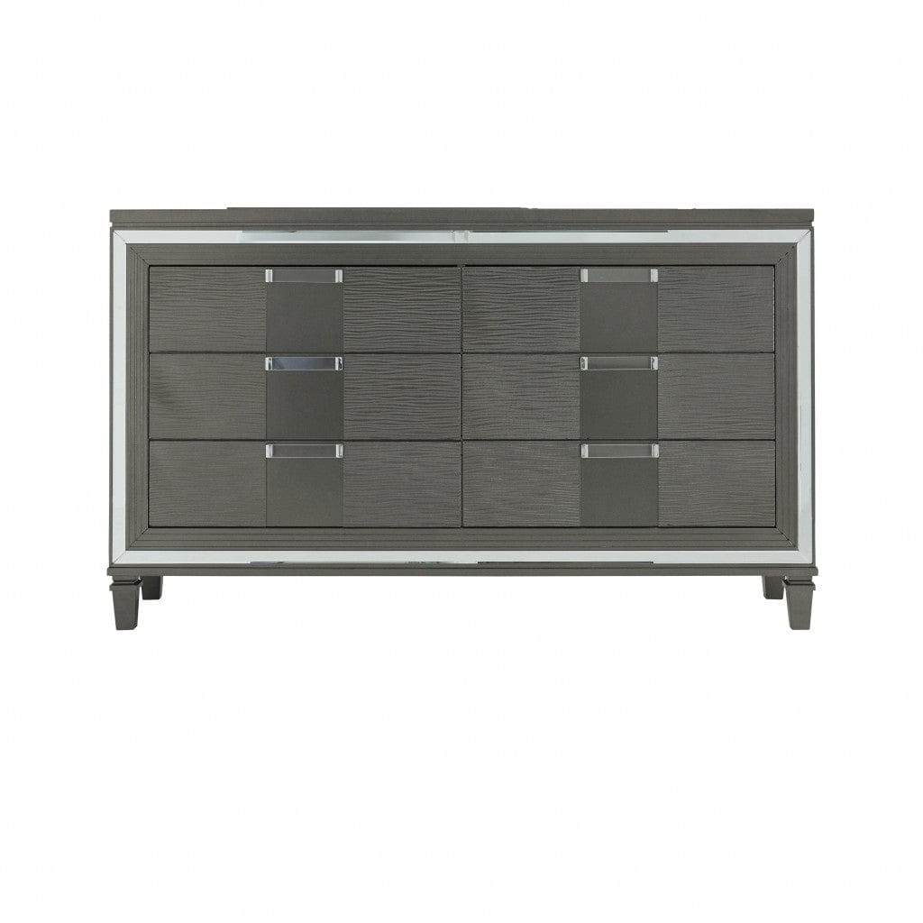 64" Metallic Grey Solid Wood Mirrored Six Drawer Double Dresser
