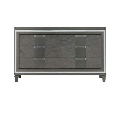 64" Metallic Grey Solid Wood Mirrored Six Drawer Double Dresser