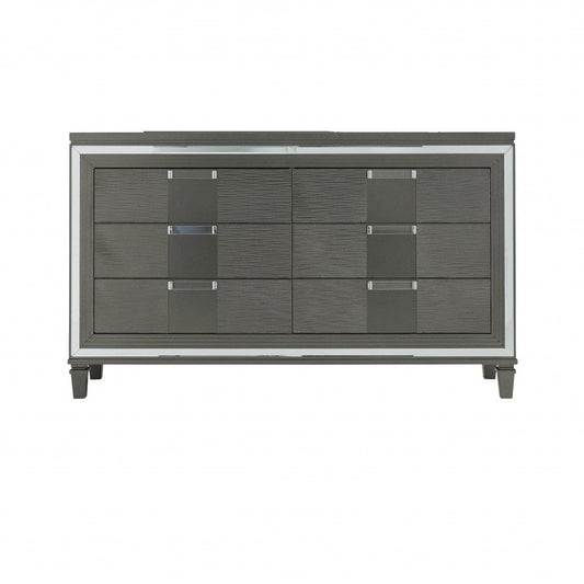 64" Metallic Grey Solid Wood Mirrored Six Drawer Double Dresser