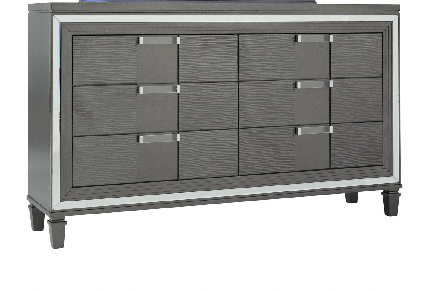 64" Metallic Grey Solid Wood Mirrored Six Drawer Double Dresser
