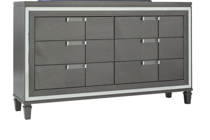 64" Metallic Grey Solid Wood Mirrored Six Drawer Double Dresser