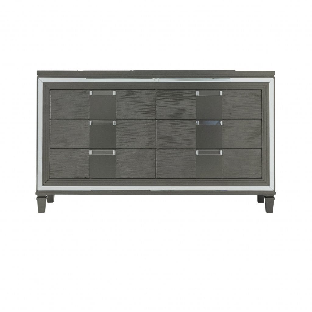 64" Metallic Grey Solid Wood Mirrored Six Drawer Double Dresser