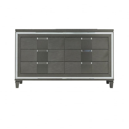 64" Metallic Grey Solid Wood Mirrored Six Drawer Double Dresser