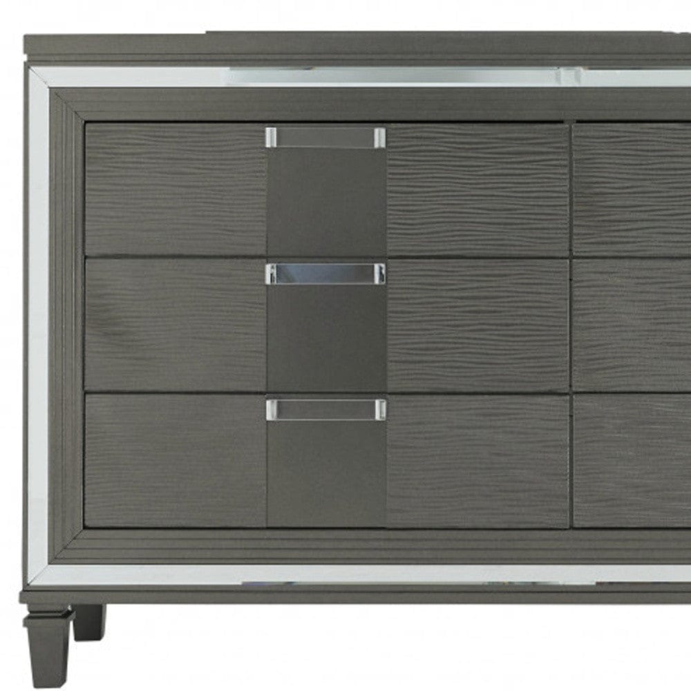 64" Metallic Grey Solid Wood Mirrored Six Drawer Double Dresser