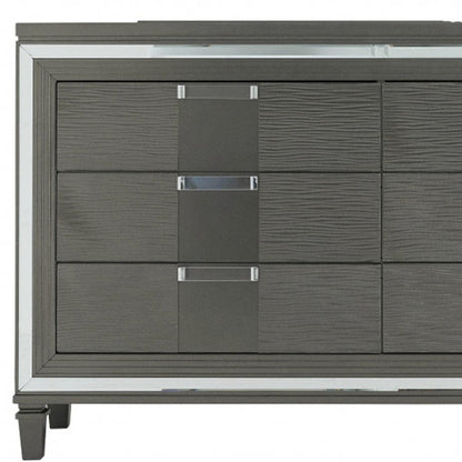 64" Metallic Grey Solid Wood Mirrored Six Drawer Double Dresser