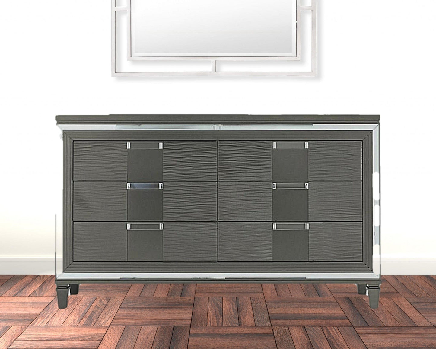 64" Metallic Grey Solid Wood Mirrored Six Drawer Double Dresser