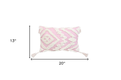 13" X 20" Pink and White Textural Abstract Throw Pillow with Tassels