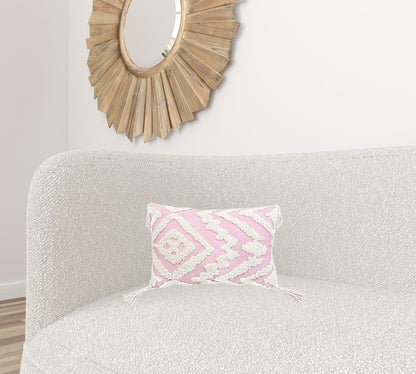 13" X 20" Pink and White Textural Abstract Throw Pillow with Tassels