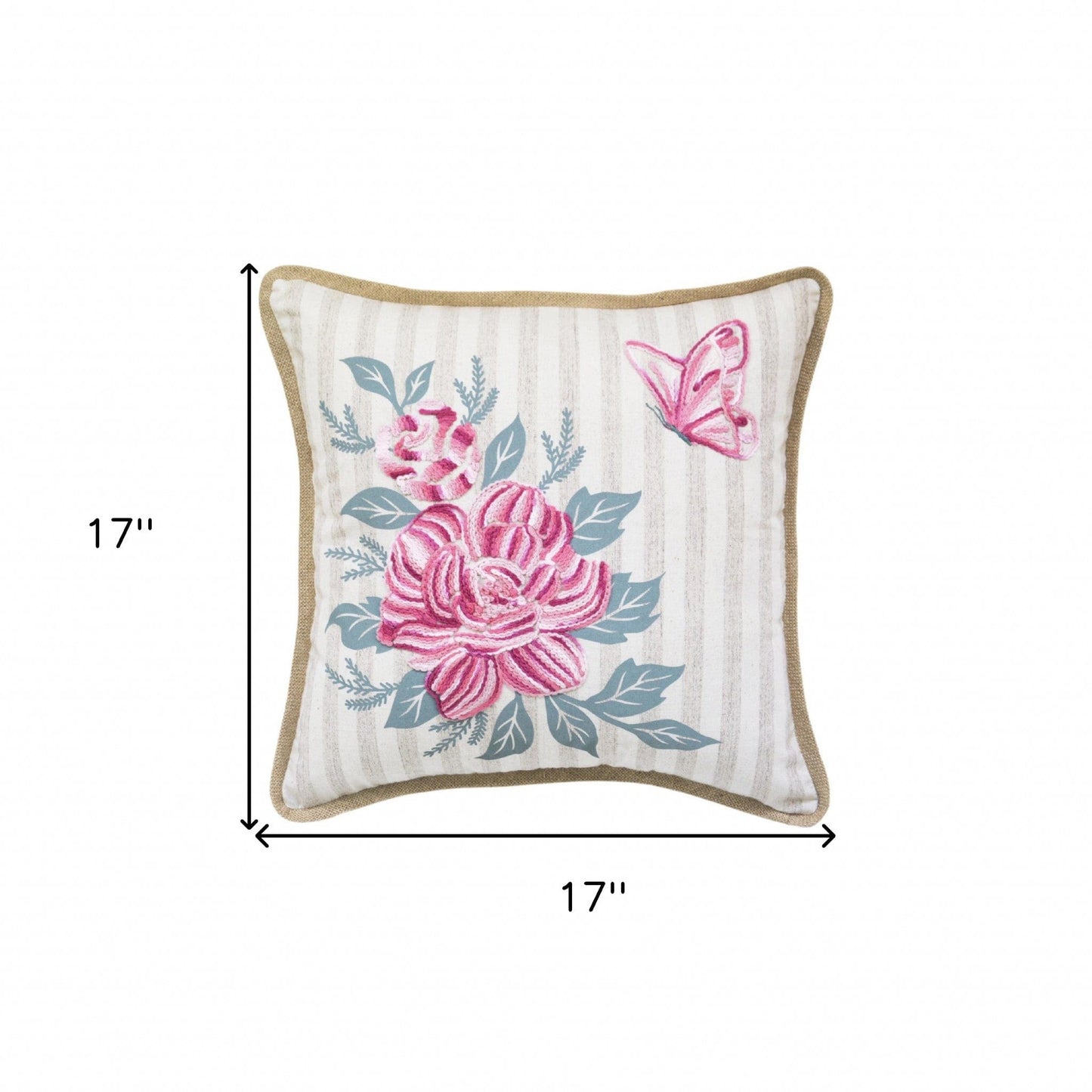 17" X 17" Pink Embroidered Floral and Butterfly with Burlap Throw Pillow