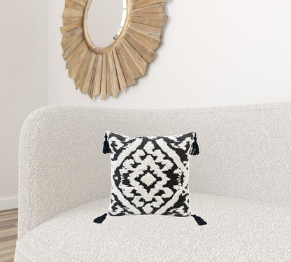 17" X 17" Black and White Textural Geometric Throw Pillow With Tassels