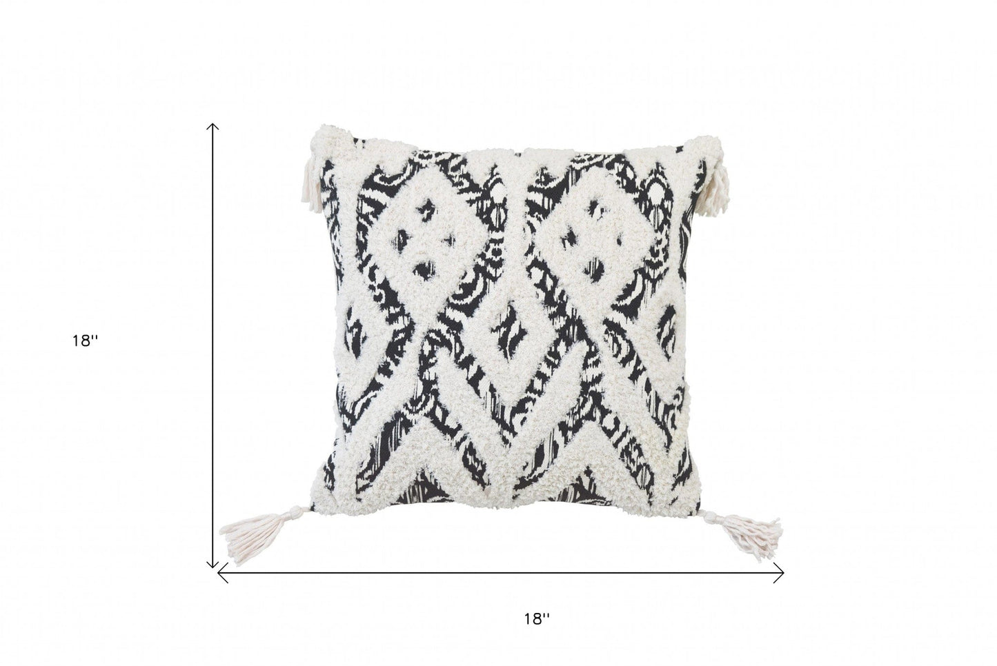 18" X 18" Black And White Ikat Zippered Polyester And Cotton Blend Throw Pillow With Tassels