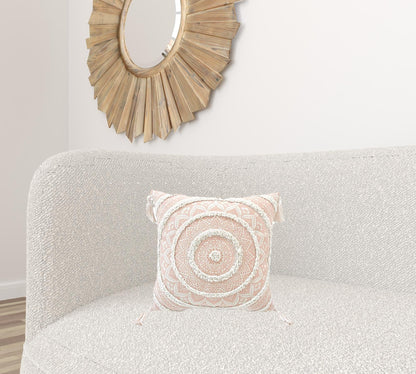 18" X 18" Peach And White Geometric Zippered Polyester And Cotton Blend Throw Pillow With Tassels