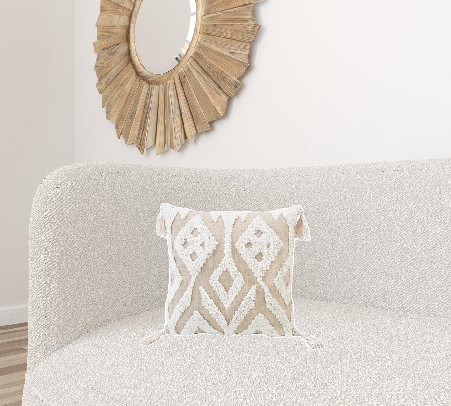 17" X 17" Beige And White Ikat Zippered Polyester Throw Pillow With Tassels