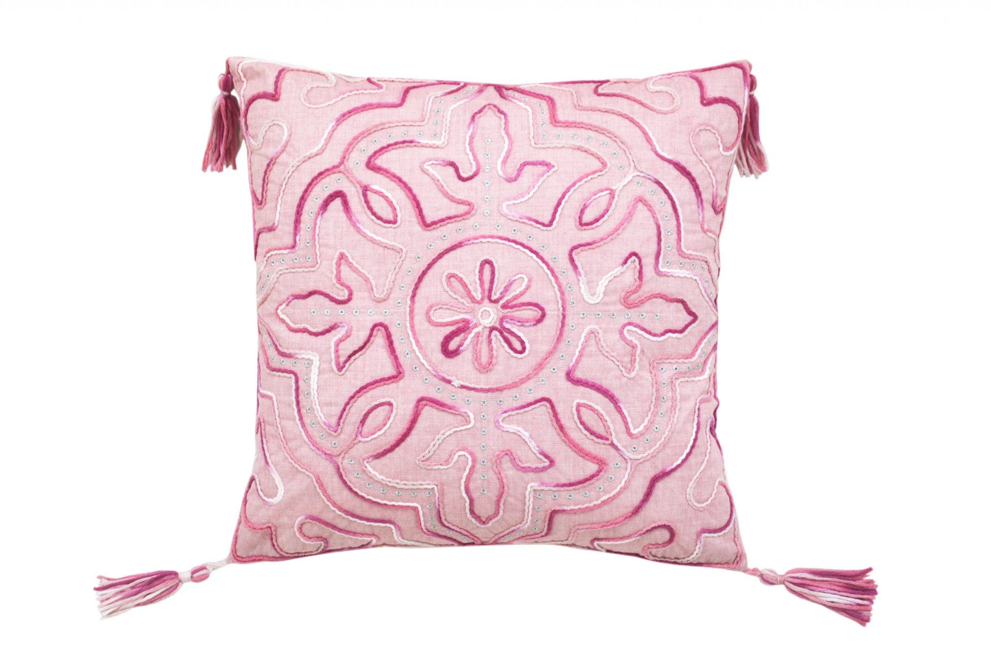 17" X 17" Pink White And Silver Damask Zippered Polyester Throw Pillow With Tassels