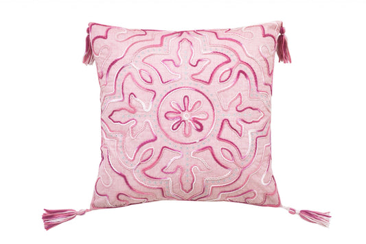 17" X 17" Pink White And Silver Damask Zippered Polyester Throw Pillow With Tassels