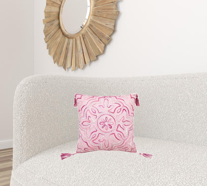 17" X 17" Pink White And Silver Damask Zippered Polyester Throw Pillow With Tassels