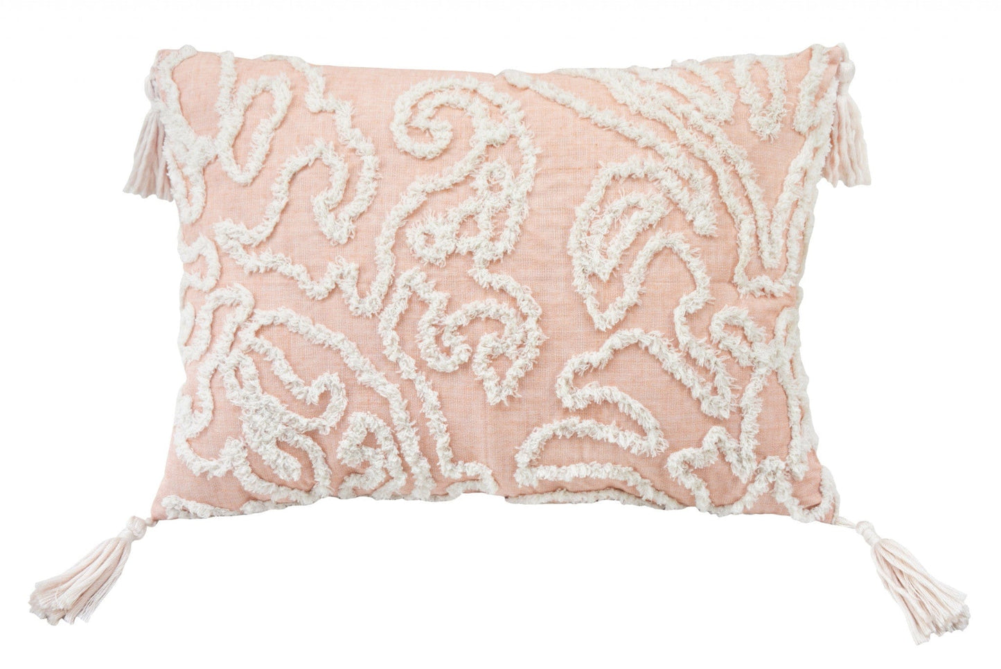 13" X 18" Beige And White Abstract Zippered Polyester Throw Pillow With Tassels