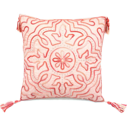 17" X 17" Coral And White Damask Zippered Polyester Throw Pillow With Tassels