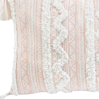 13" X 18" Beige And White Damask Zippered Polyester And Burlap Blend Throw Pillow With Tassels