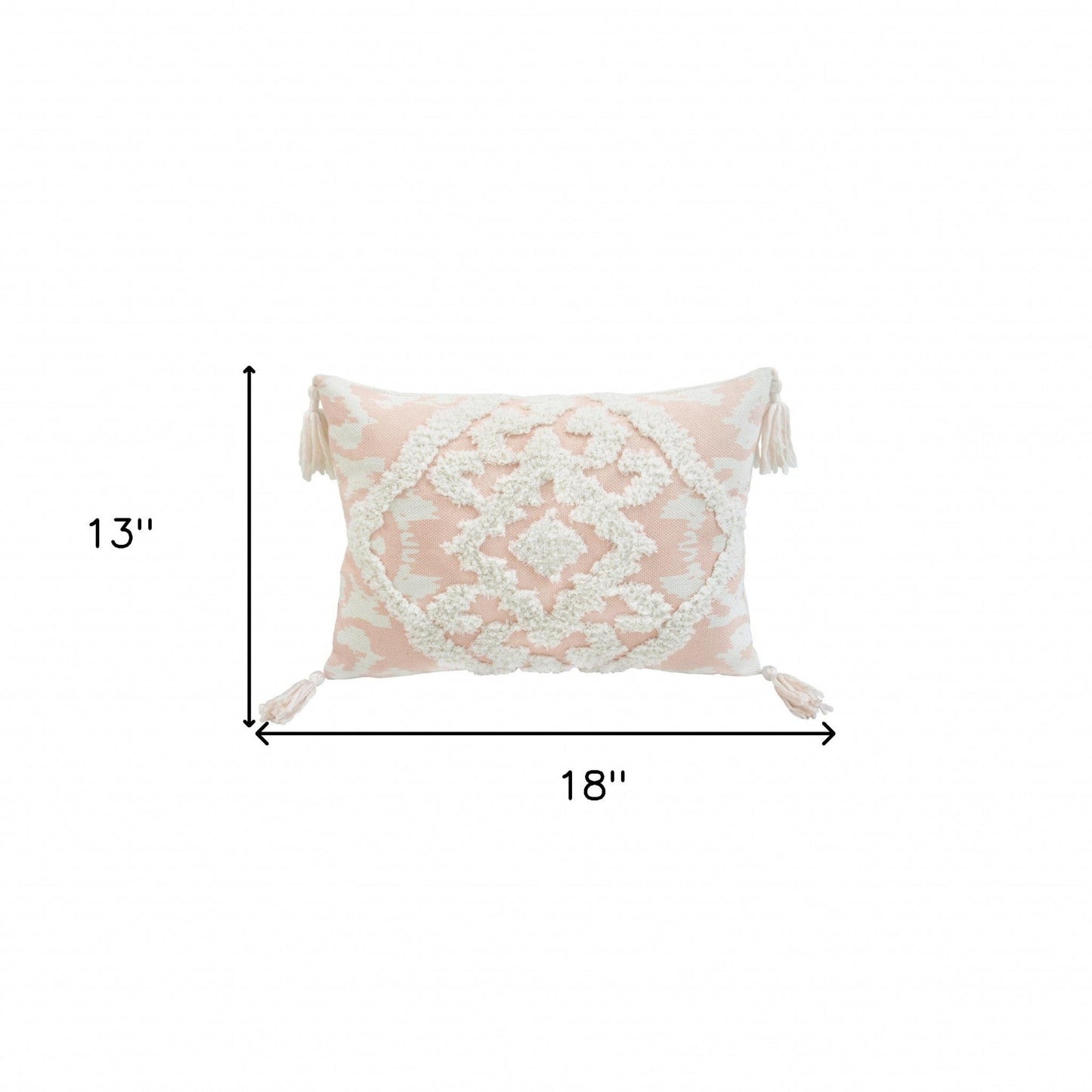 13" X 18" Peach And White Damask Zippered Polyester And Cotton Blend Throw Pillow With Tassels