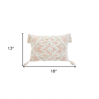 13" X 18" Peach And White Damask Zippered Polyester And Cotton Blend Throw Pillow With Tassels