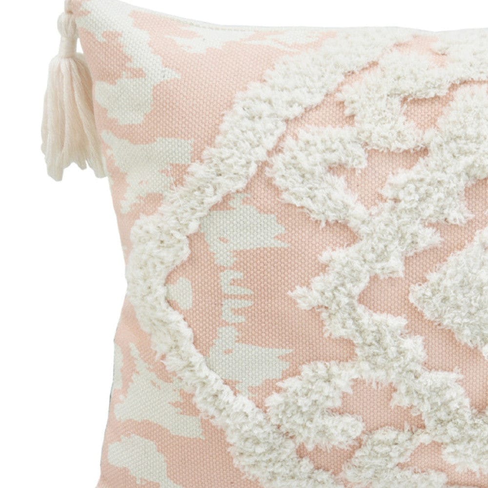 13" X 18" Peach And White Damask Zippered Polyester And Cotton Blend Throw Pillow With Tassels